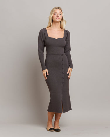 Button Rib-knit Midi Dress