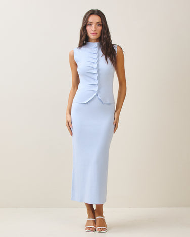 Pleated front top & skirt set in sky