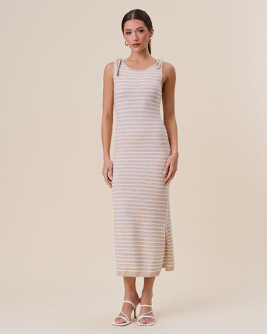 Striped tie shoulder knit maxi dress