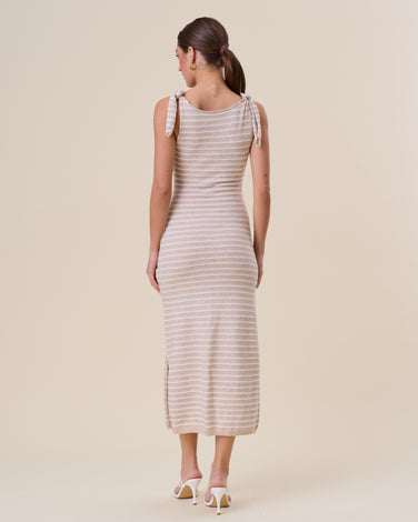 Striped tie shoulder knit maxi dress