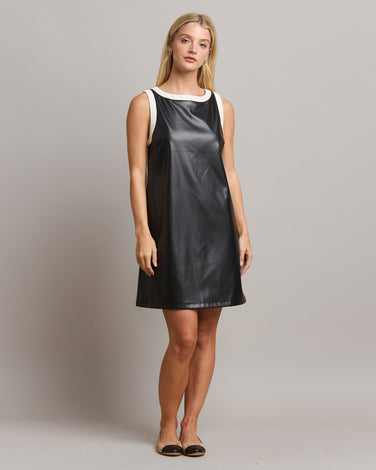 Contrast Trim Vegan Leather Mini Dress