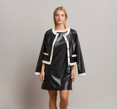 Contrast Trim Vegan Leather Mini Dress