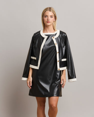 Contrast Trim Vegan Leather Mini Dress