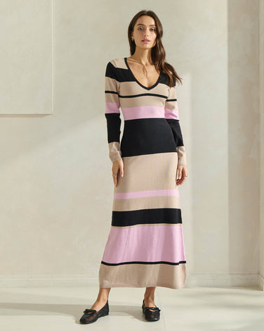 V-neck Knit Maxi Dress in Multicolored Stripe