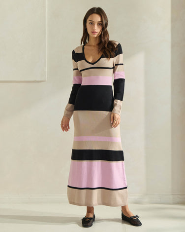 V-neck Knit Maxi Dress in Multicolored Stripe