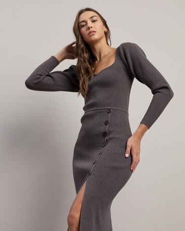 Button Rib-knit Midi Dress