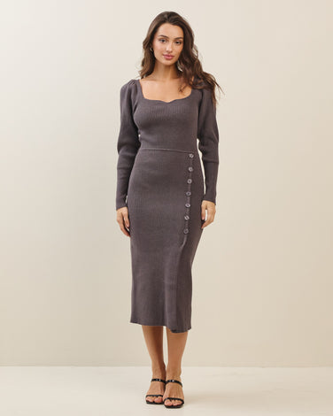 Button Rib-knit Midi Dress