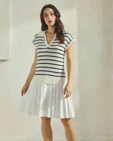 Striped Mixed Media Pleated dress