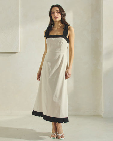 Contrast Pleated Linen-blend Dress