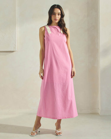 Contrast Bow Linen Maxi Dress