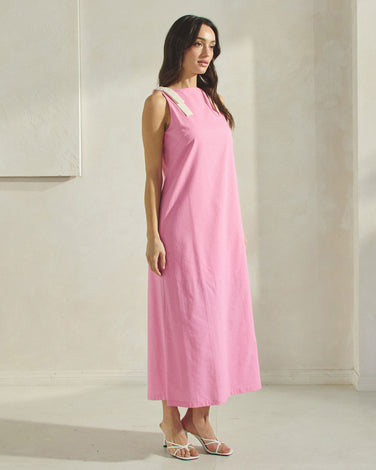 Contrast Bow Linen Maxi Dress