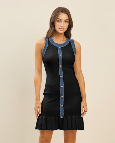 Frayed denim trim dress
