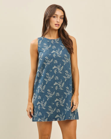 Floral denim shift dress