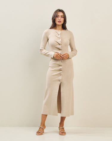 Button Pleated Split Knit Dress