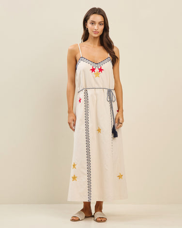Embroidered tie waist dress