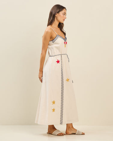 Embroidered tie waist dress