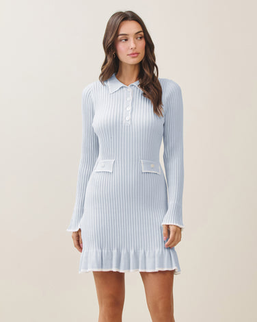Contrast knit dress in sky/white