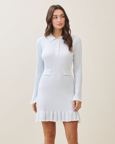 Contrast knit dress in sky/white