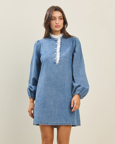 Lace trim denim dress