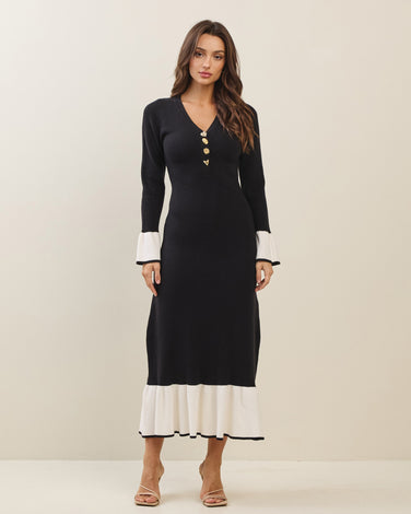 Jewel button two-tone sweater dress