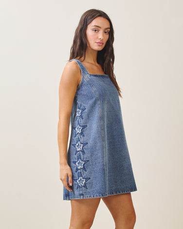 Denim star embroidery mini dress