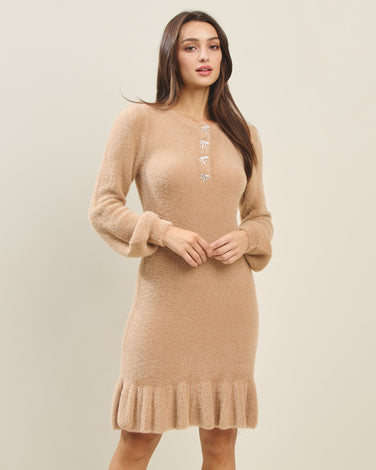 Jewel button fuzzy knit dress