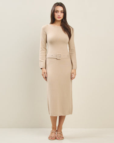 Low waist belted knit midi dress