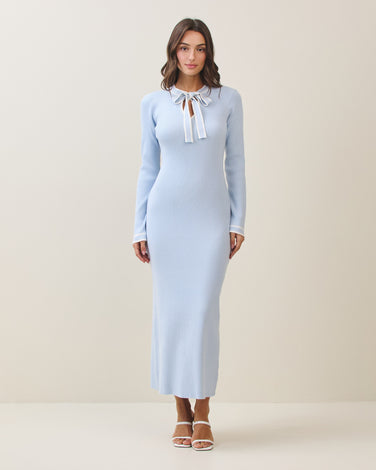 Tie neck sweater dress in sky