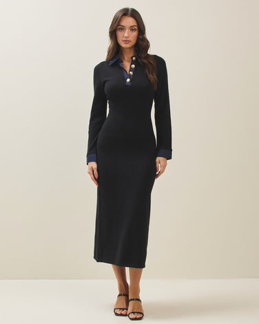Denim trim knit dress