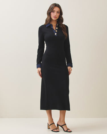 Denim trim knit dress
