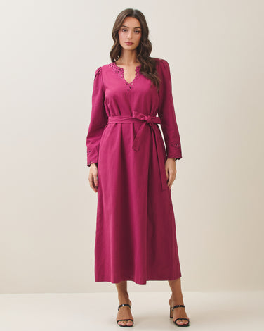 Embroidered maxi dress with waist tie