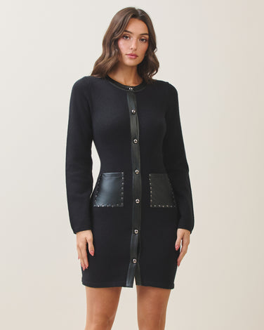 Vegan leather contrast knit dress