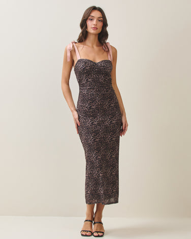 Leopard bow shoulder mesh dress