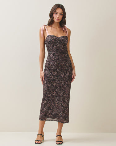Leopard bow shoulder mesh dress