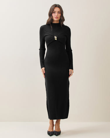 Gold metal ring rib-knit dress