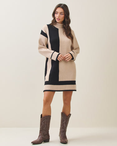 Colorblock turtleneck knit dress