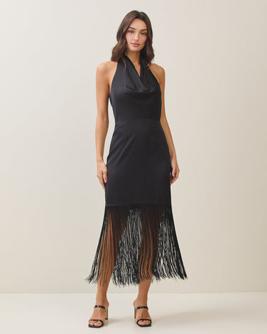 Stain cowl neck fringe dress
