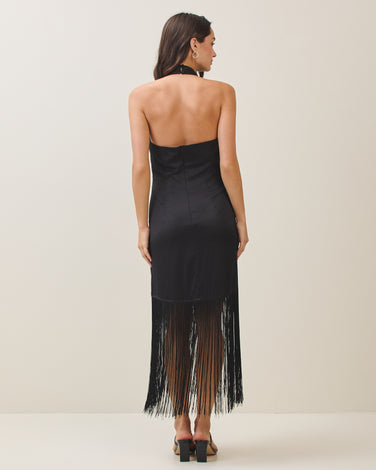 Stain cowl neck fringe dress