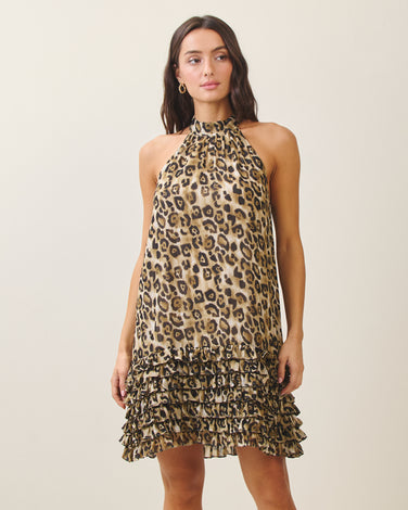 Leopard ruffle halter mini dress