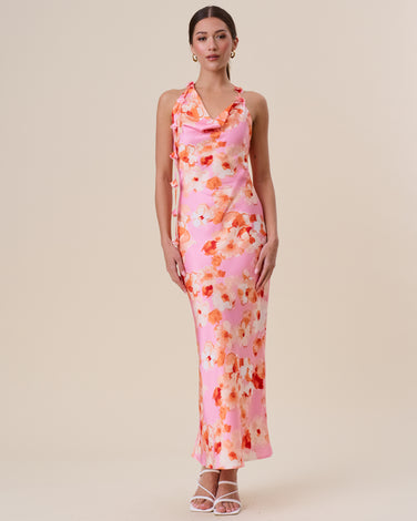 Floral satin halter maxi dress