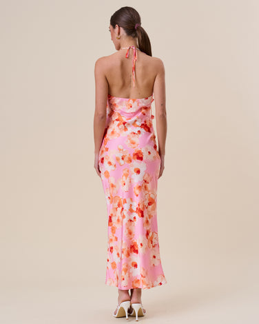 Floral satin halter maxi dress