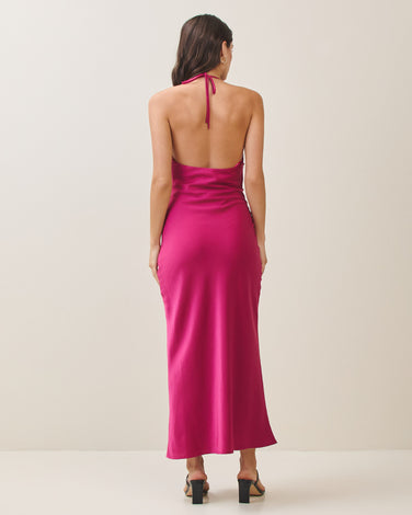 Cowl halter satin dress