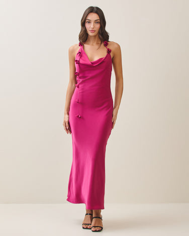 Cowl halter satin dress