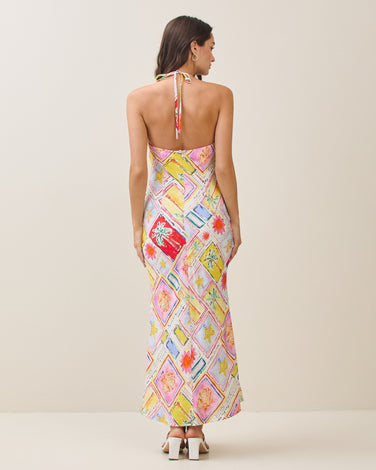 Tropical print halter maxi dress