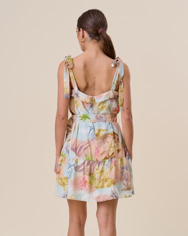 Tropical tie shoulder belted mini dress