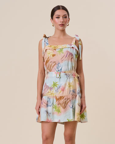 Tropical tie shoulder belted mini dress