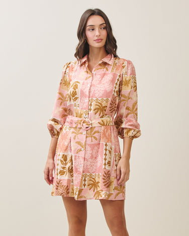 Tropical belted mini shirt dress