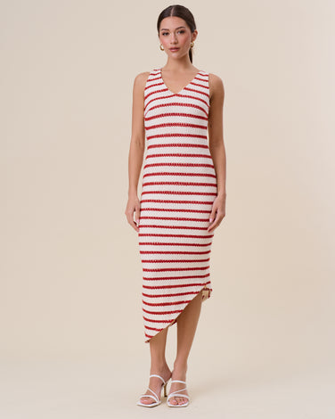 NO PRICE Asymmetric striped crochet midi dress