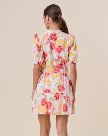 Linen blend short sleeve floral mini dress