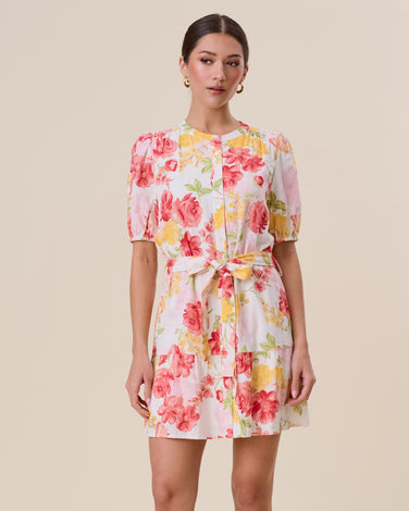 Linen blend short sleeve floral mini dress